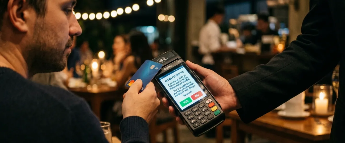 A waiter holds out a card payment terminal to a diner at a restaurant, the screen prompting to confirm the charge.